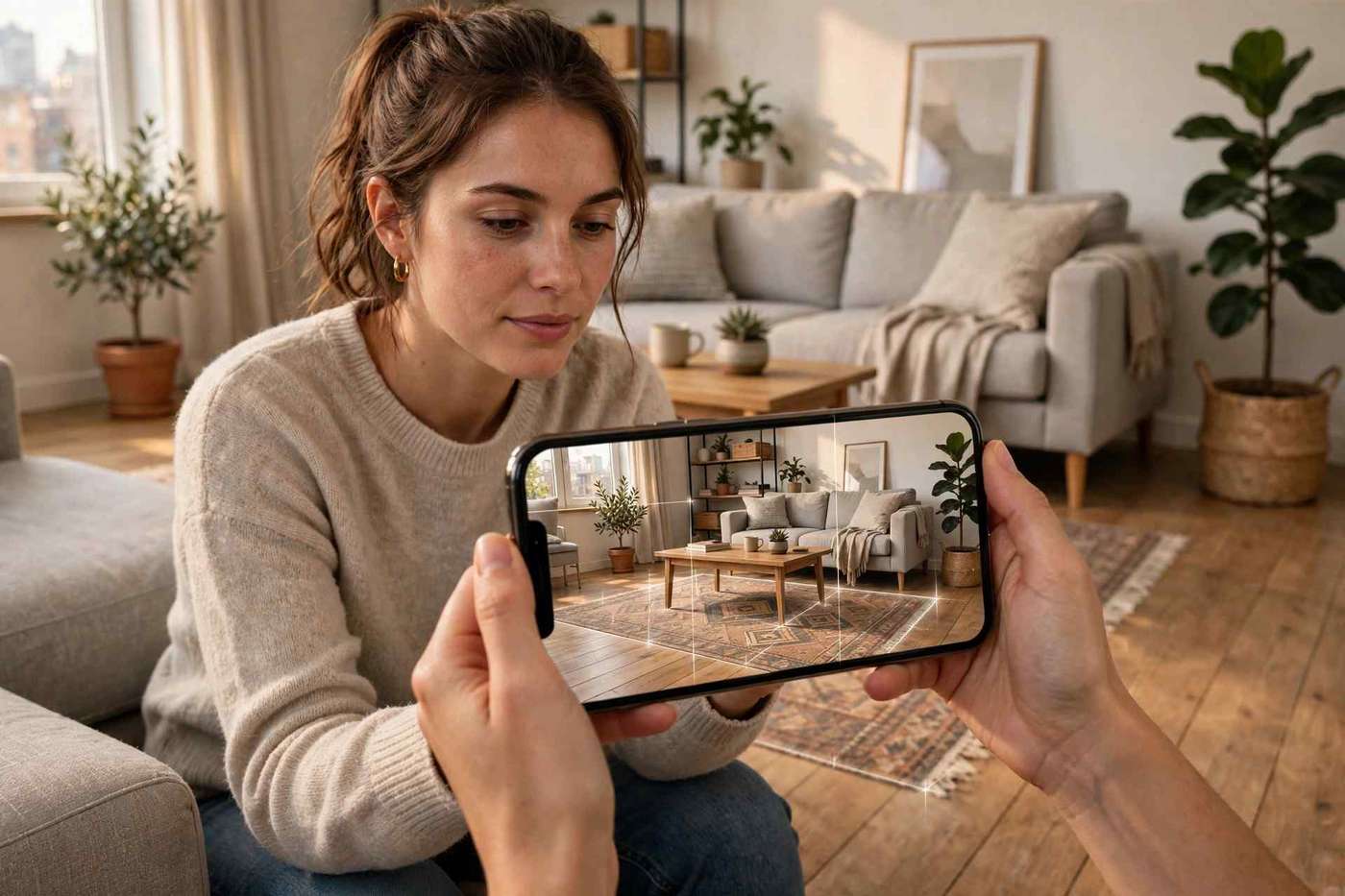 Woman holding a smartphone horizontally, its screen showing the same living room with a true-to-size area rug on the floor