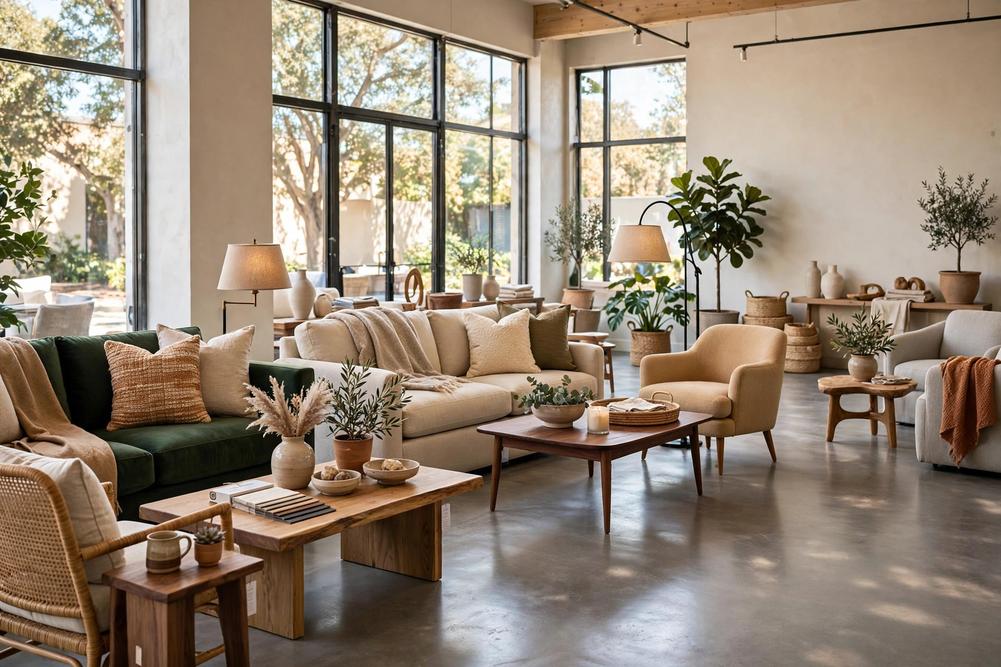 A furniture showroom with sofas, armchairs and tables styled in room sets under warm daylight