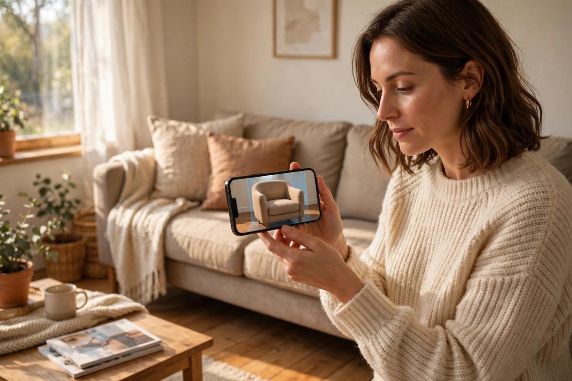 A shopper previews a fabric armchair at true size in her living room on her phone