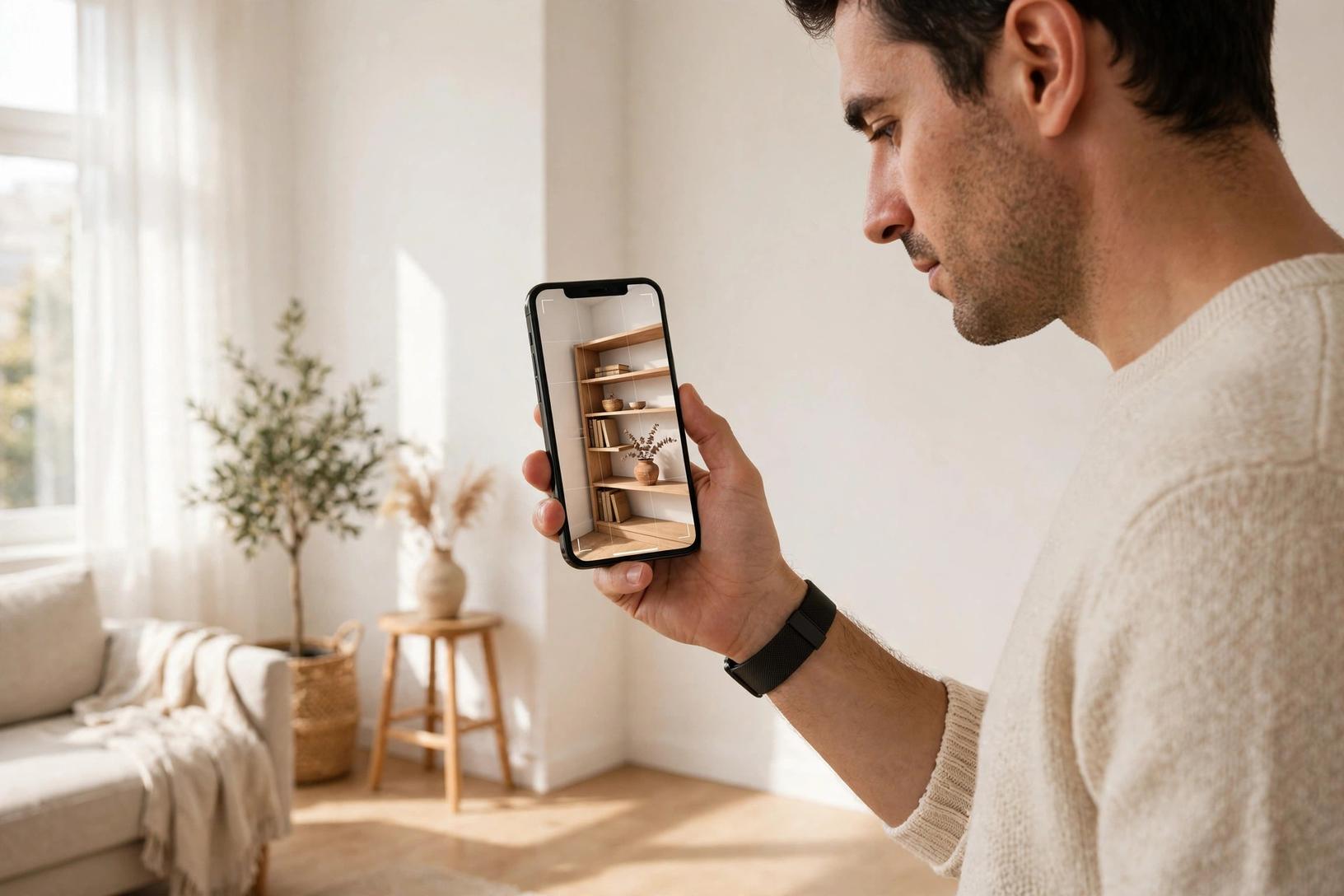 A shopper checks a wooden bookshelf at true size against his wall on his phone