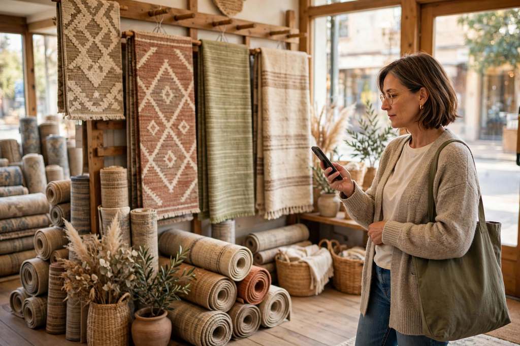 Rug store showroom with hanging and rolled rugs, a shopper browsing with her phone