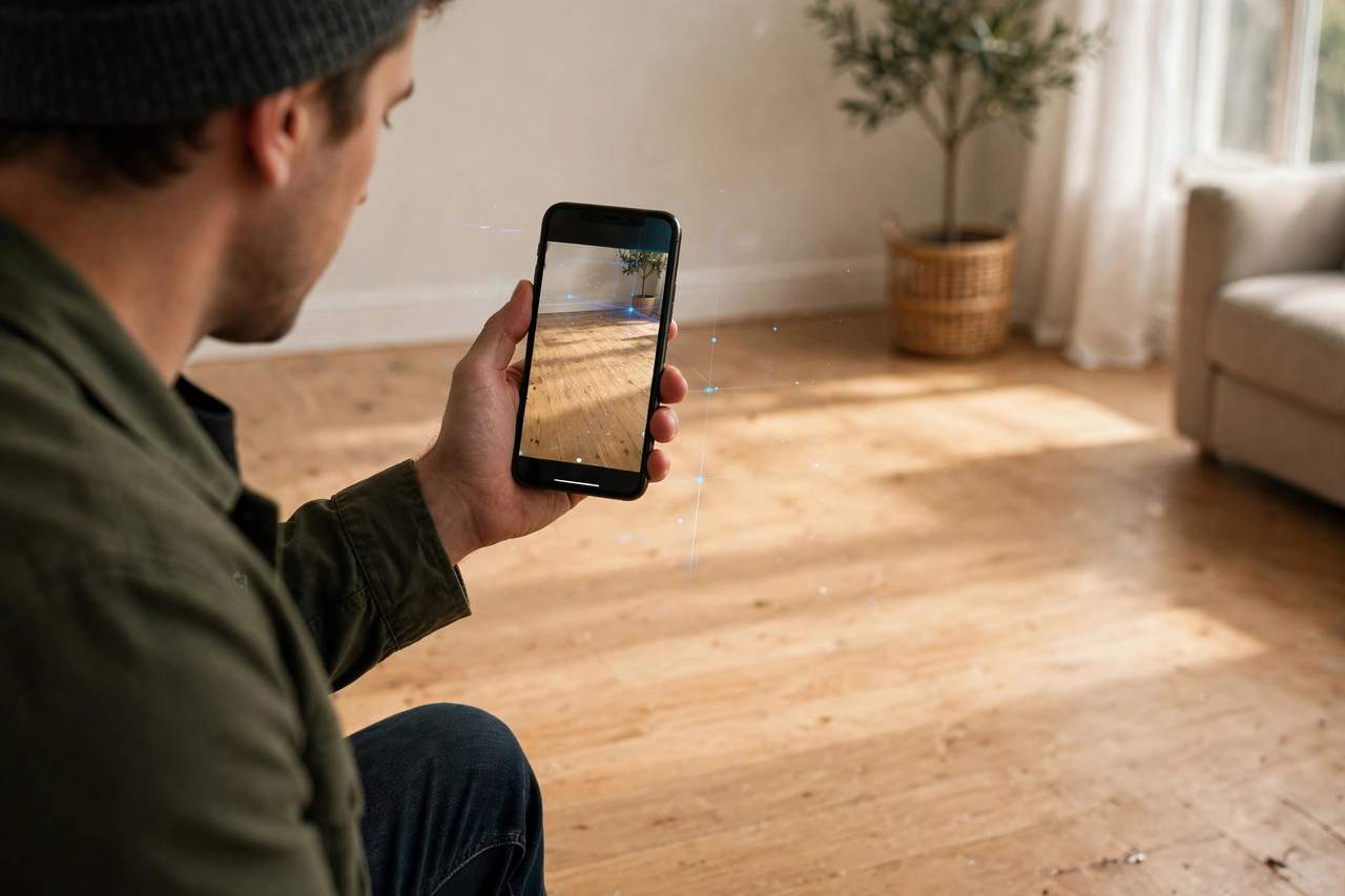 Shopper pointing a phone at a bare living room floor to preview a rug