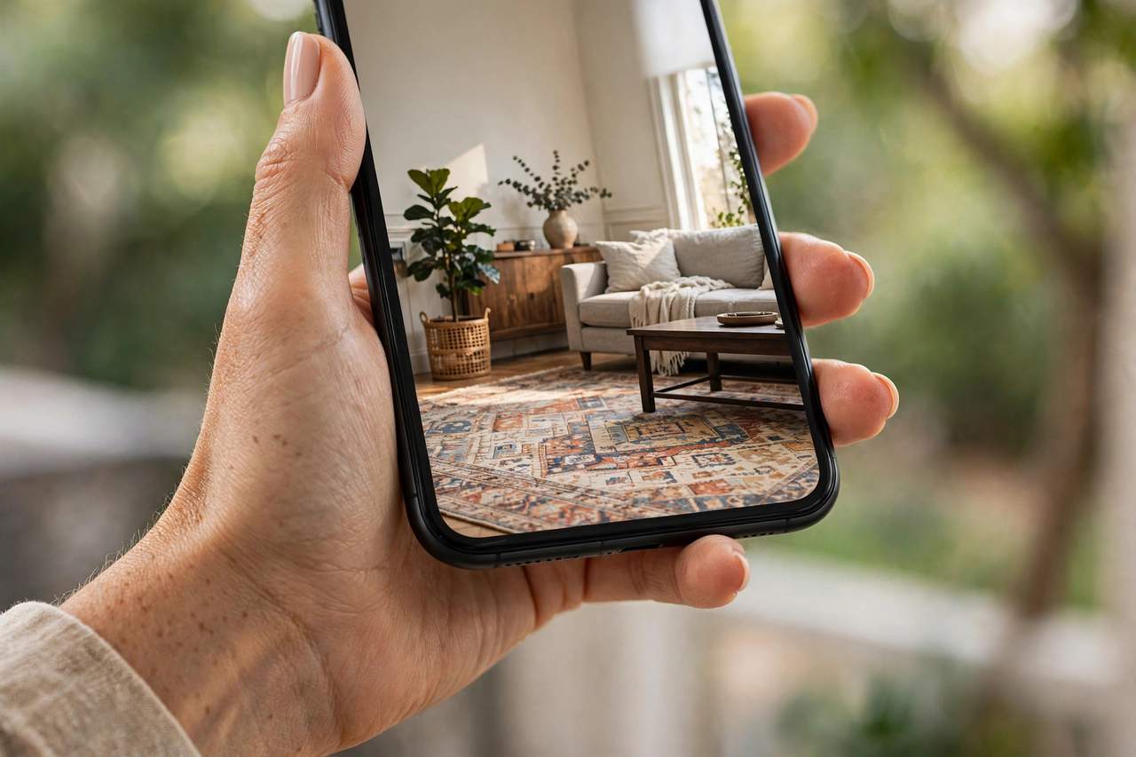 A hand holding a phone showing a living room with a rug placed under a coffee table