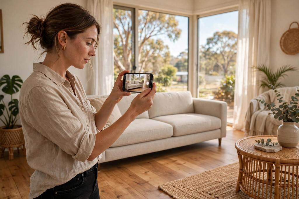 A shopper in a bright living room pointing her phone at the floor where a true-to-size sofa appears in AR