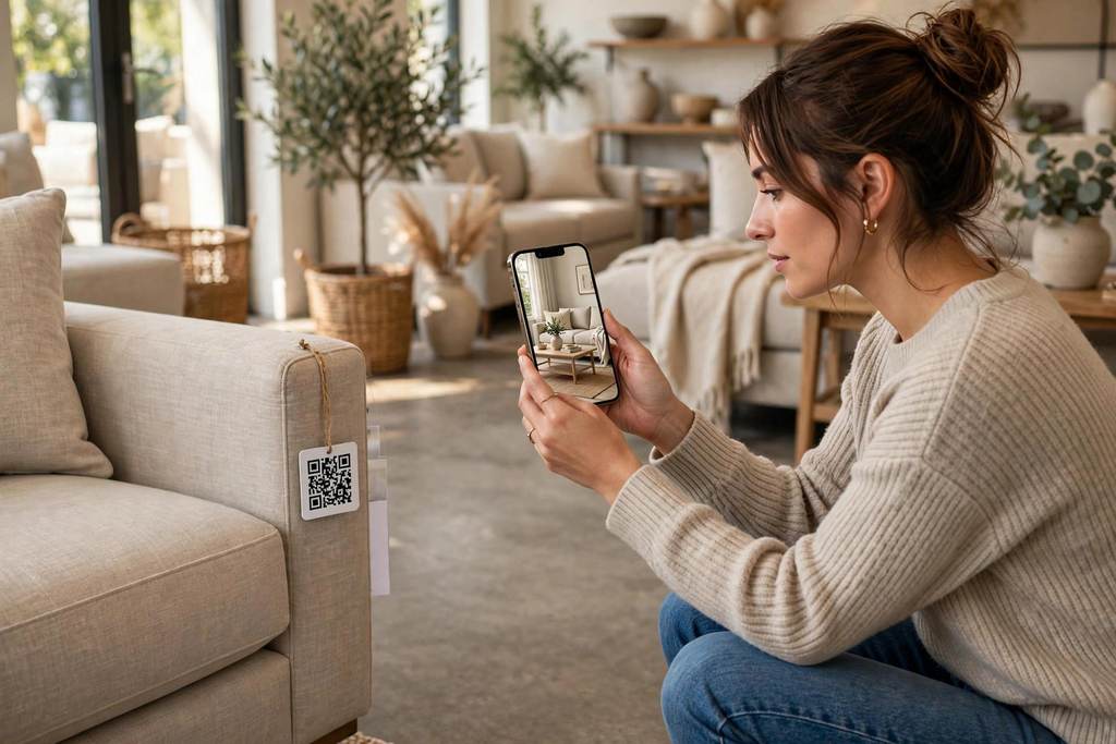 A shopper scanning the QR tag on a showroom sofa with her phone