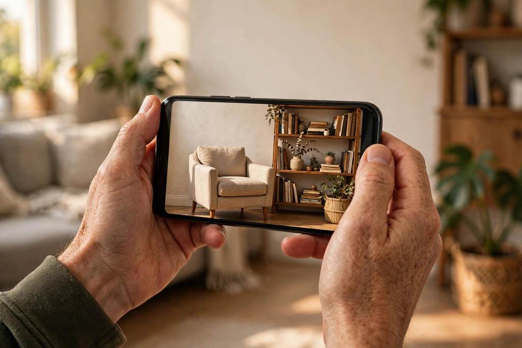 A phone held up in a living room showing an armchair at true scale against the wall