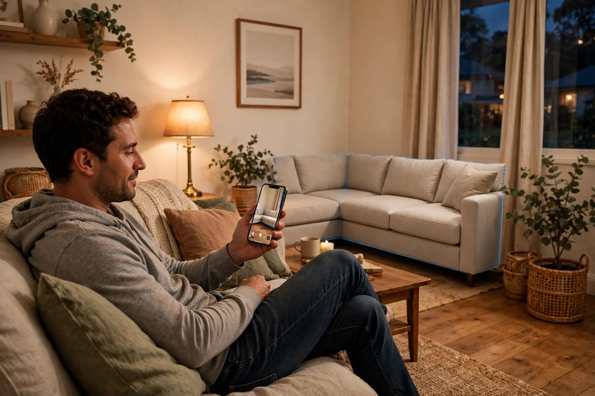 Shopper at home in the evening holding a smartphone that shows a fabric sofa at true size in the corner of her living room