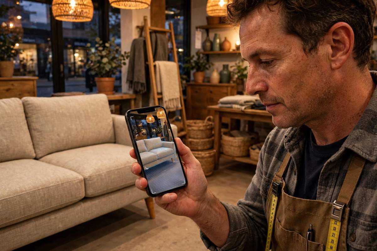 Australian furniture store owner in a showroom at closing time holding a smartphone beside a real beige sofa, the screen showing the same sofa at identical true size