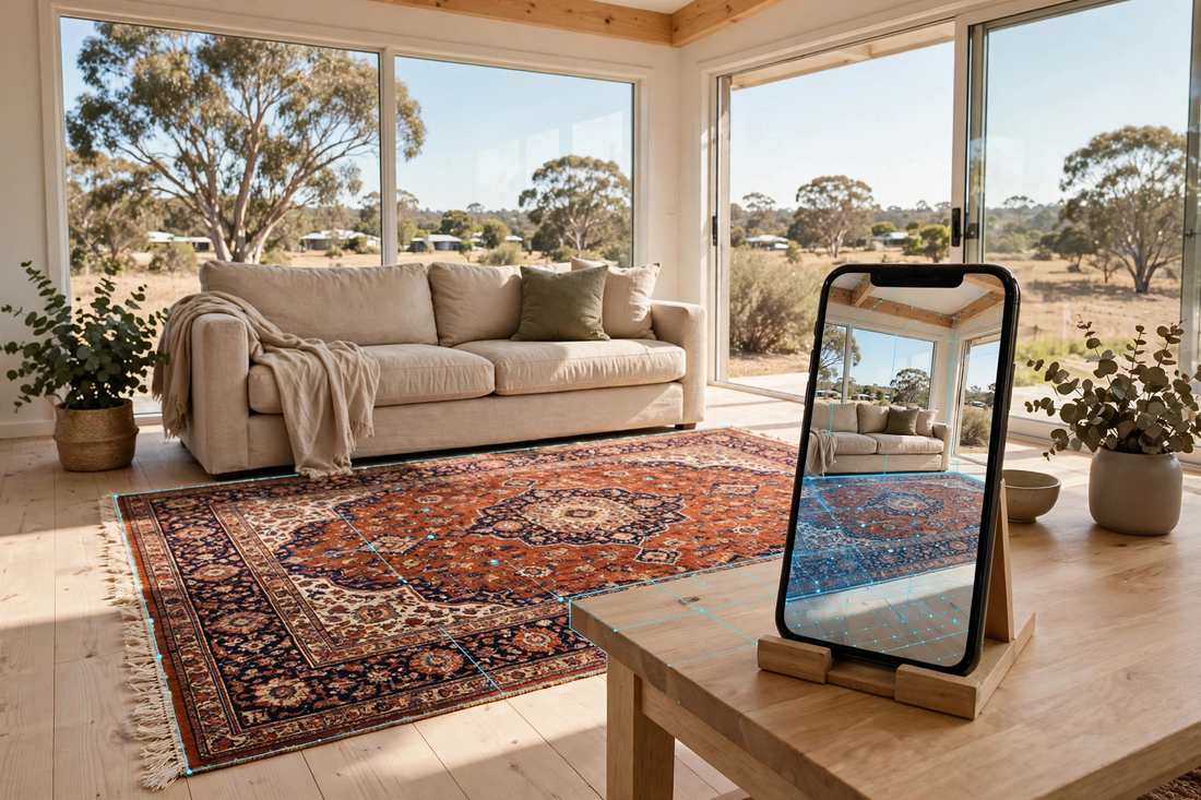Bright Australian living room with a Persian style rug on the floor, a smartphone showing the same rug in a true-size AR overlay