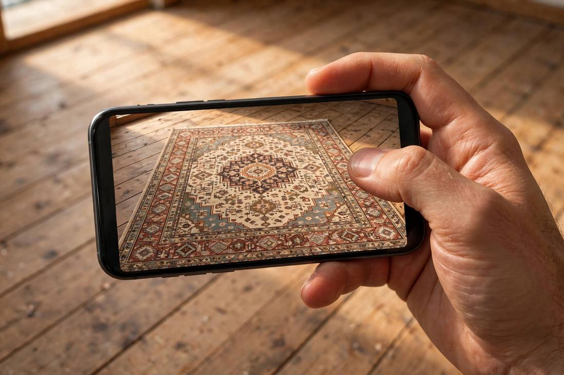 Hand holding a smartphone pointed at a bare living room floor, the phone screen showing a patterned rug at true size in AR