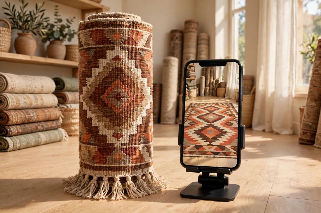 Rolled kilim rug standing in a rug showroom next to a smartphone showing the same rug laid out flat at true size in AR