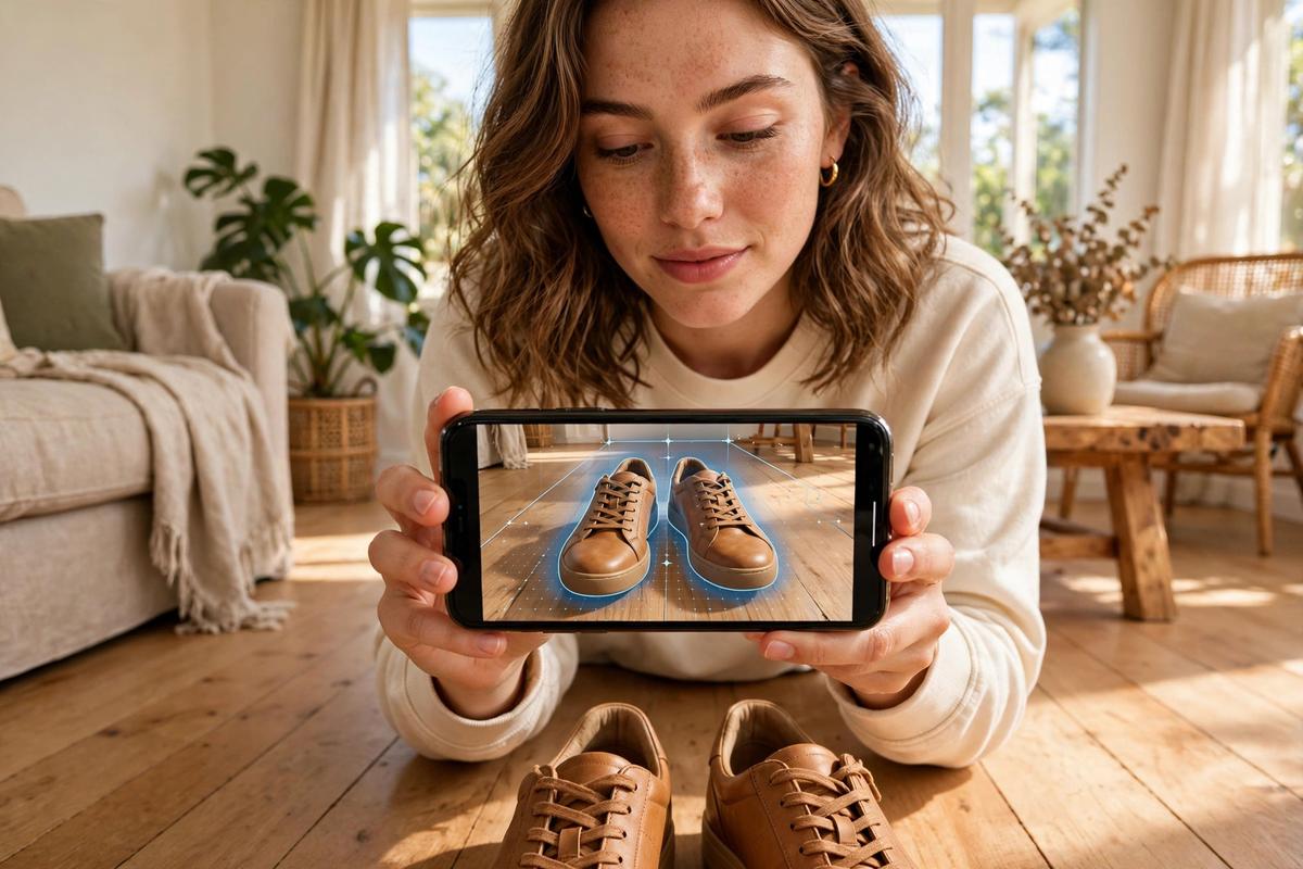 Woman in an Australian living room holding a smartphone over tan leather sneakers, the screen showing the sneakers in true-to-size AR