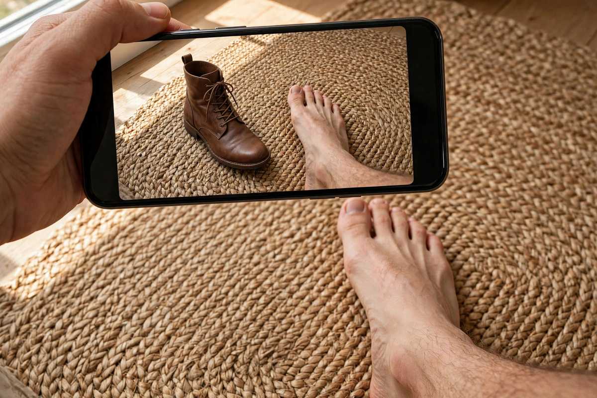 Smartphone held over a person's bare foot on a rug, showing a leather boot in true-to-size AR next to the real foot