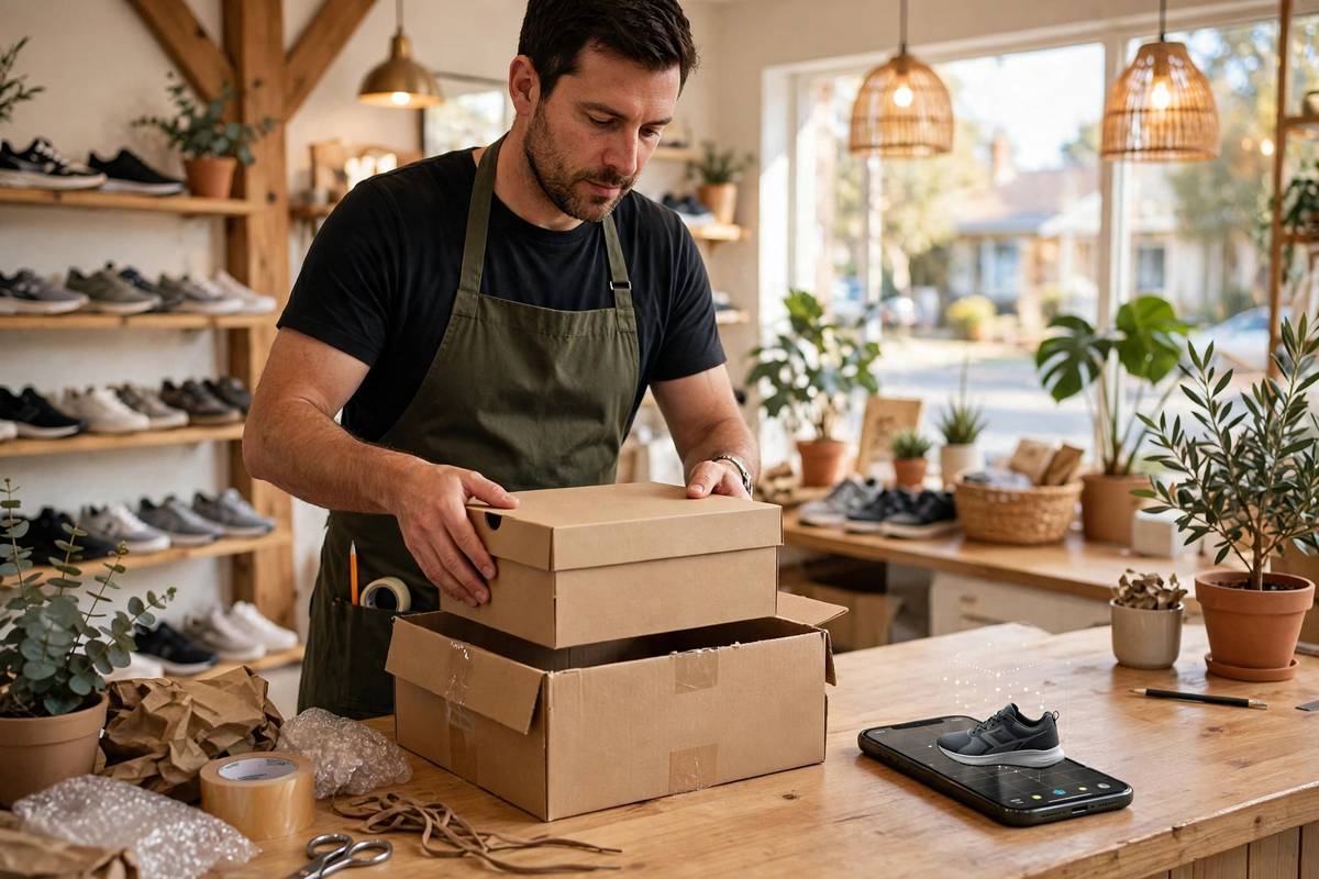 Australian shoe store owner packing a shoe box for shipping at the boutique counter, with a smartphone showing an AR view of a sneaker