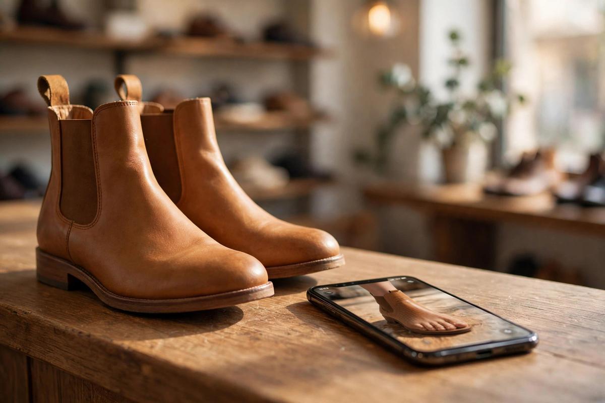 Tan leather Chelsea boots on a shoe store counter beside a smartphone showing the same boot in true-to-size AR