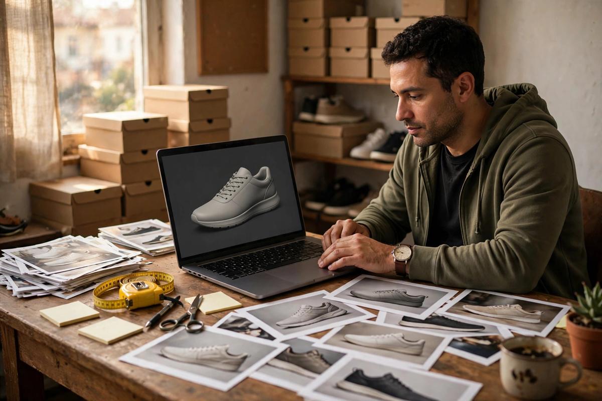 Shoe store owner at a desk reviewing a shoe design on a laptop surrounded by product photos and a tape measure
