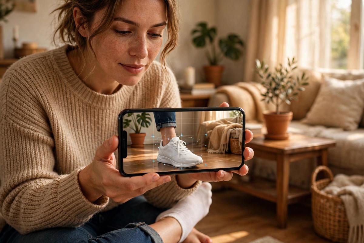 Woman holding a smartphone showing a true-to-size AR sneaker try-on on her own foot in a warm living room