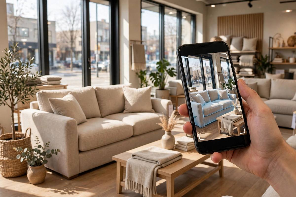 Beige fabric sofa in a bright furniture showroom with a smartphone beside it showing the same sofa in true-to-size AR