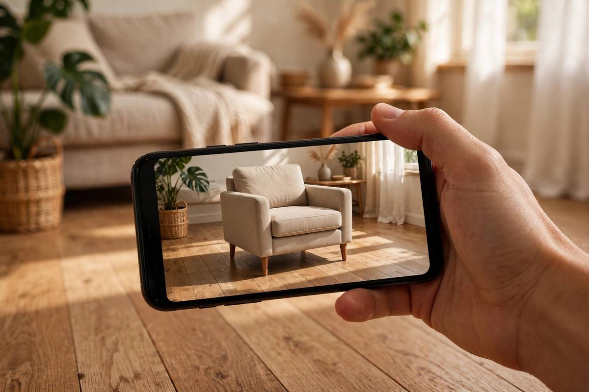 Shopper pointing a smartphone at an empty wooden living room floor, phone showing an armchair appearing in true-to-size AR