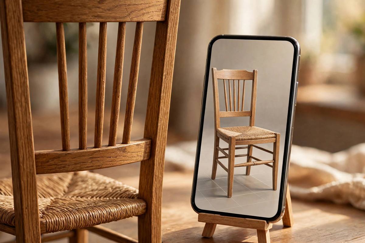 Real oak dining chair beside a smartphone on a small stand, the phone showing the same chair in AR at identical true size