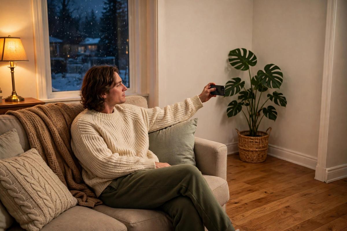 Shopper at home in the evening holding a smartphone and pointing it at an empty living room corner