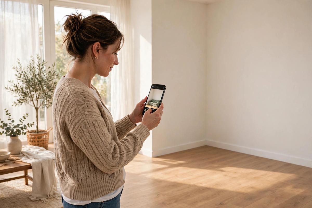Shopper in a living room pointing a smartphone at an empty corner, the phone screen showing a fabric sofa at true size