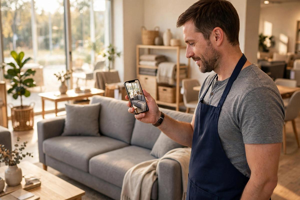 Furniture store owner in a bright showroom holding a smartphone beside a real grey fabric sofa, the phone showing the same sofa