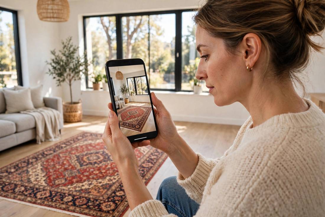 Shopper previewing a Persian-style rug at true size on her living room floor through her phone