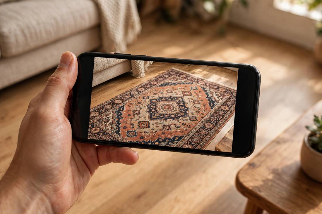 Hand holding a phone showing a patterned rug appearing at true scale on a living room floor
