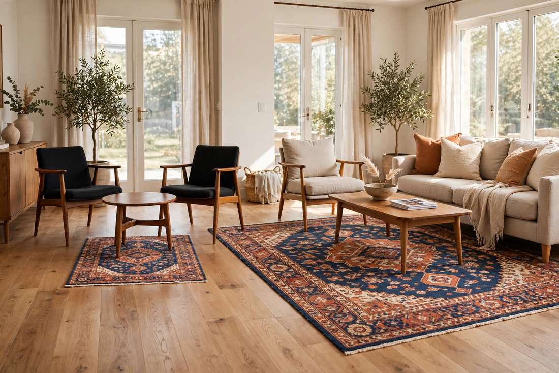 A living room showing a rug that is too small under a coffee table next to the same rug at the right generous size