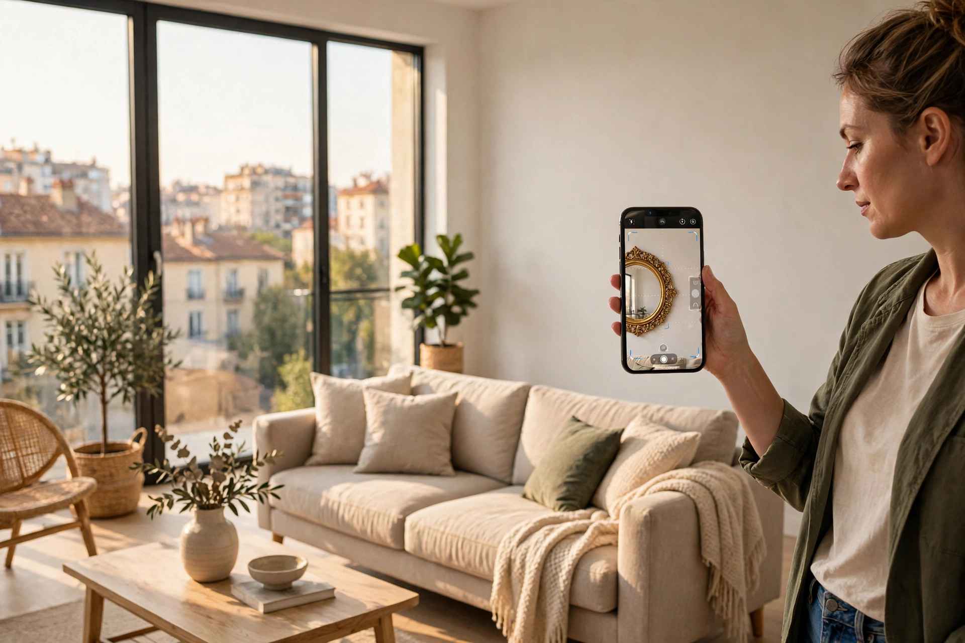 Shopper in a bright European living room holding a smartphone showing a large round wall mirror in true-to-size augmented reality on the wall