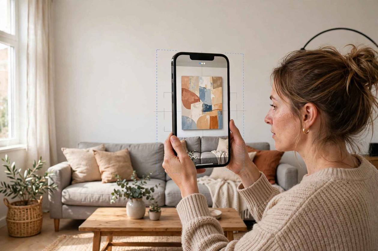 Woman in a Scandinavian-style living room pointing her smartphone at an empty wall, the phone screen showing a large abstract canvas art in true-to-size augmented reality