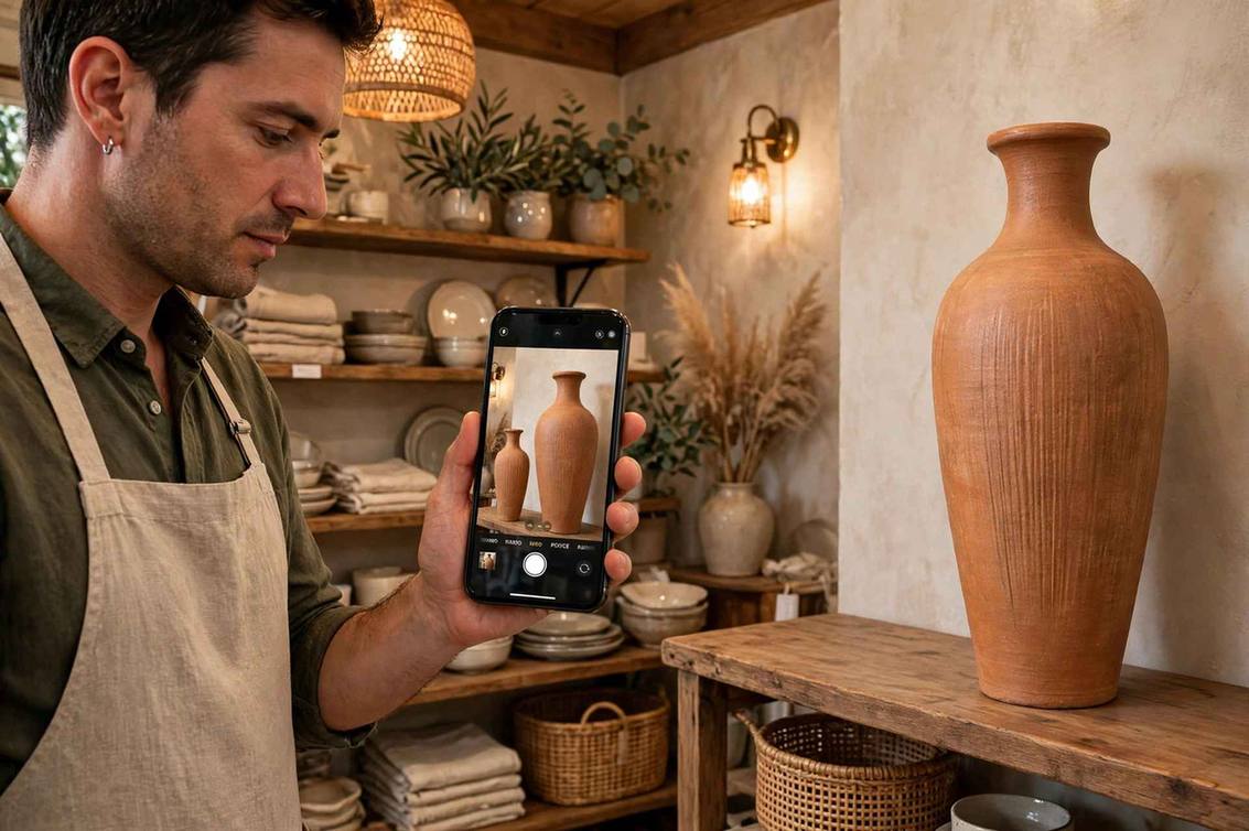 Shop owner in a European home decor shop holding a smartphone beside a real tall ceramic vase, the phone screen showing the same vase in true-to-size augmented reality at identical size