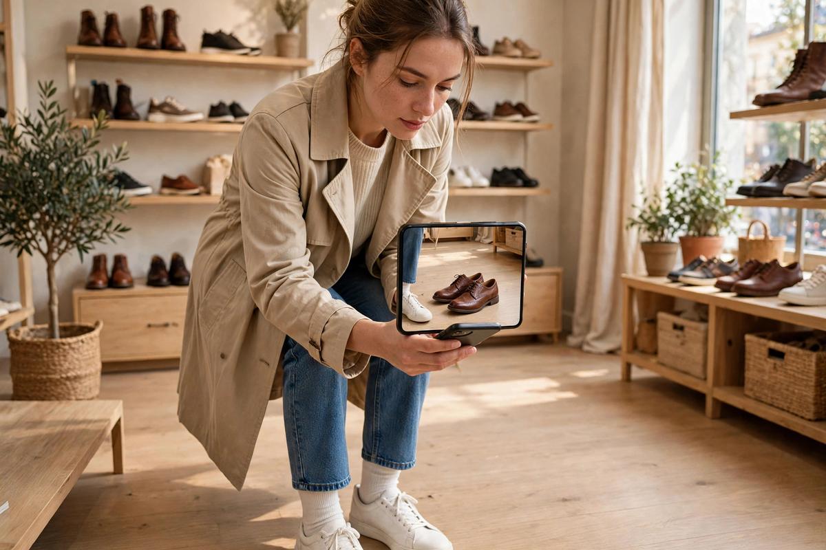 Shopper in a European shoe store holding a smartphone showing a pair of leather shoes at true size beside her own feet