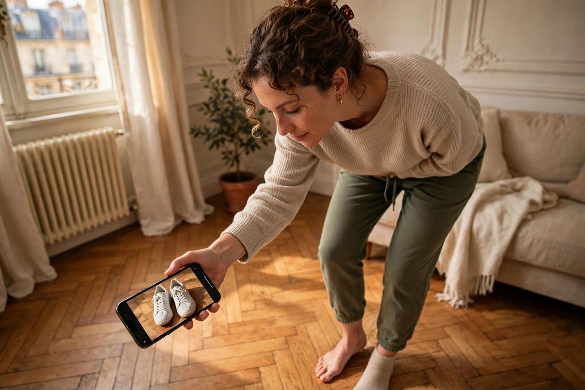 Woman at home pointing her smartphone at her own feet, the screen showing sneakers at true size for comparison