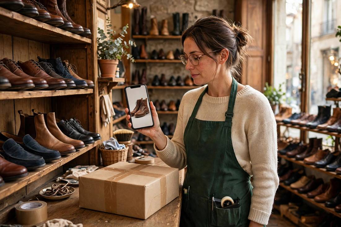 Shoe store owner in a European shop holding a smartphone showing boots at true size, with a return parcel on the counter