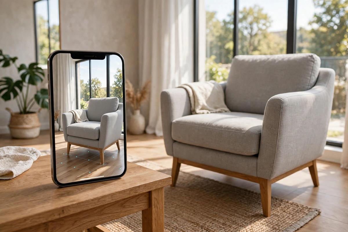 Bright apartment living room with a grey fabric armchair and a smartphone showing the same chair at true size in AR