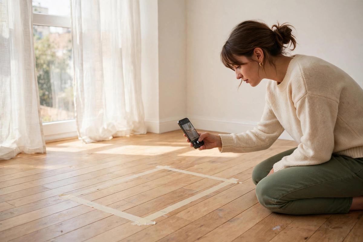 Shopper holding a smartphone pointing it at a taped rectangle on an empty apartment floor, marking where a sofa would go