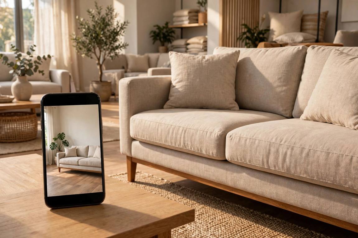 Fabric sofa in a furniture showroom beside a smartphone displaying the same sofa in AR at identical true size