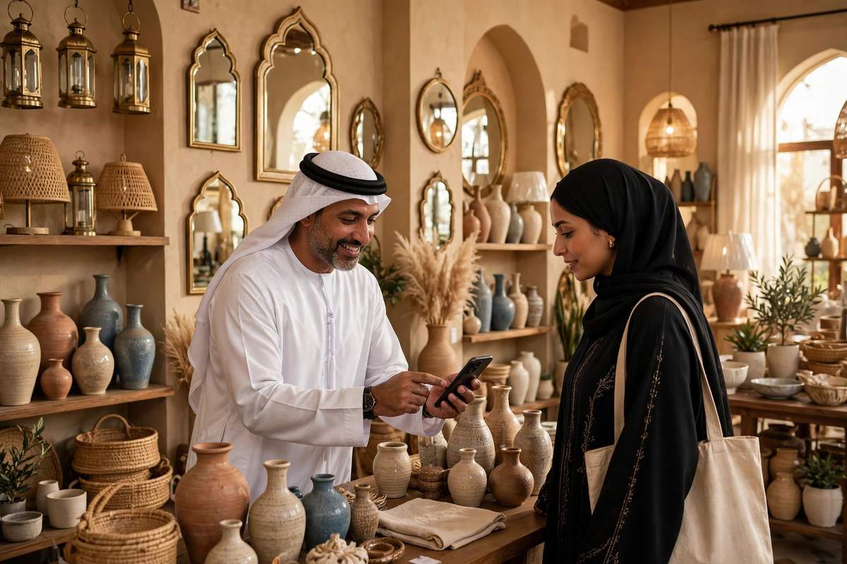 Home decor shop interior with lamps, mirrors and vases on display and a shop owner showing a customer a phone screen