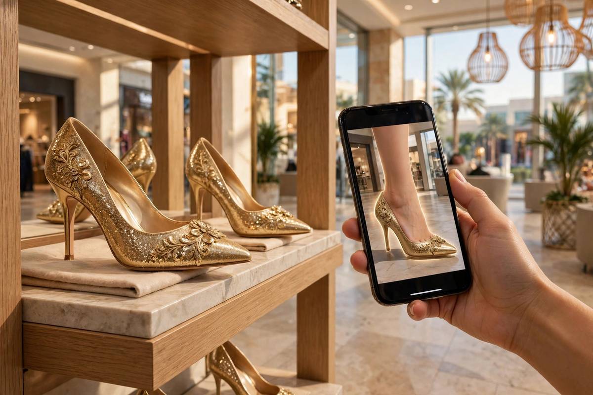 Gold festive heels on a Gulf mall store shelf beside a smartphone showing the same heel in true-size AR try-on