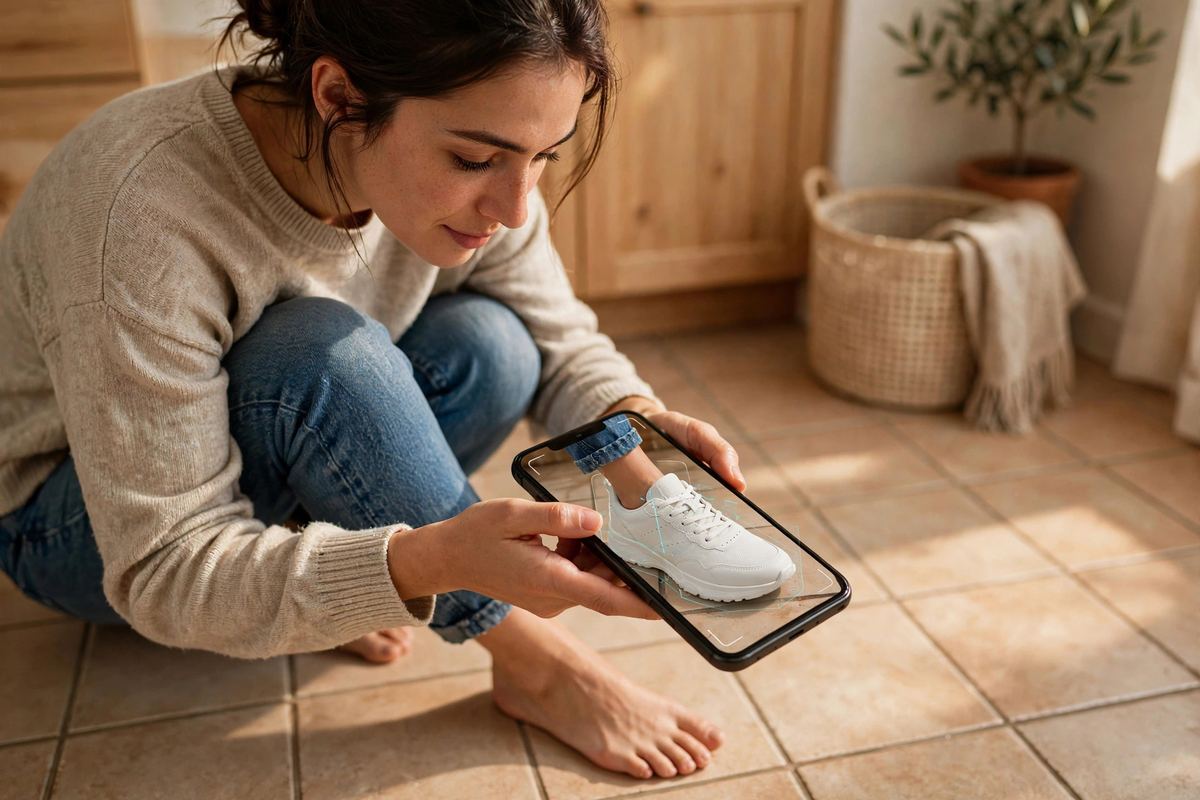 Woman at home pointing her phone at her own foot, the phone screen showing the same shoe at true size in AR try-on