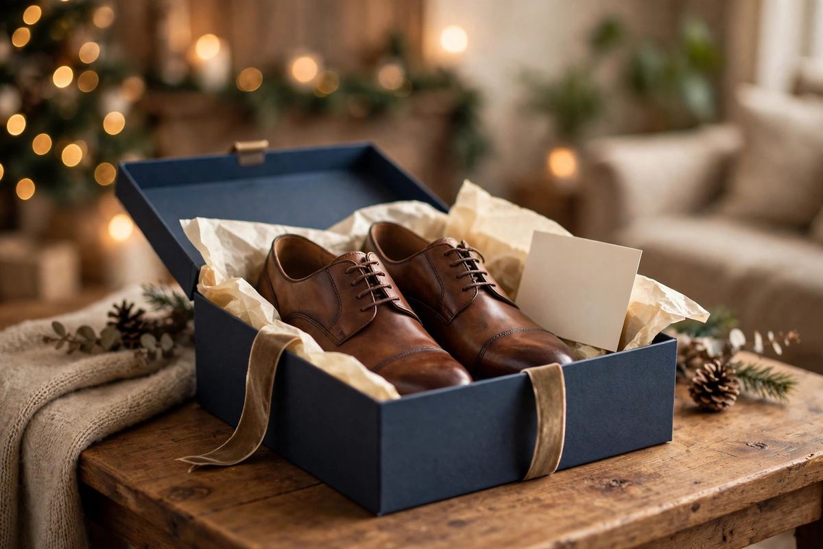 Open festive gift box with a pair of dress shoes and a small card beside them