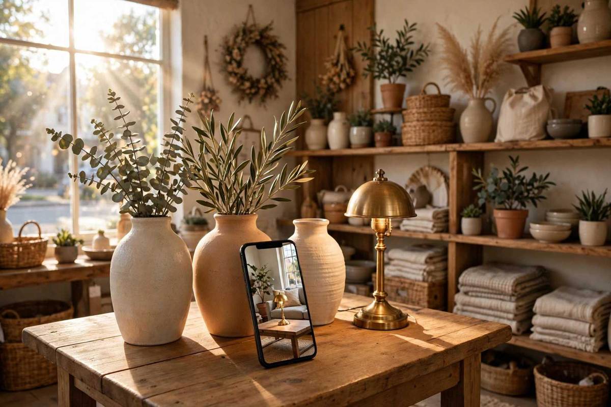 Ceramic vases and a brass lamp on a decor store table, with a smartphone showing the same lamp in true-to-size AR in a living room