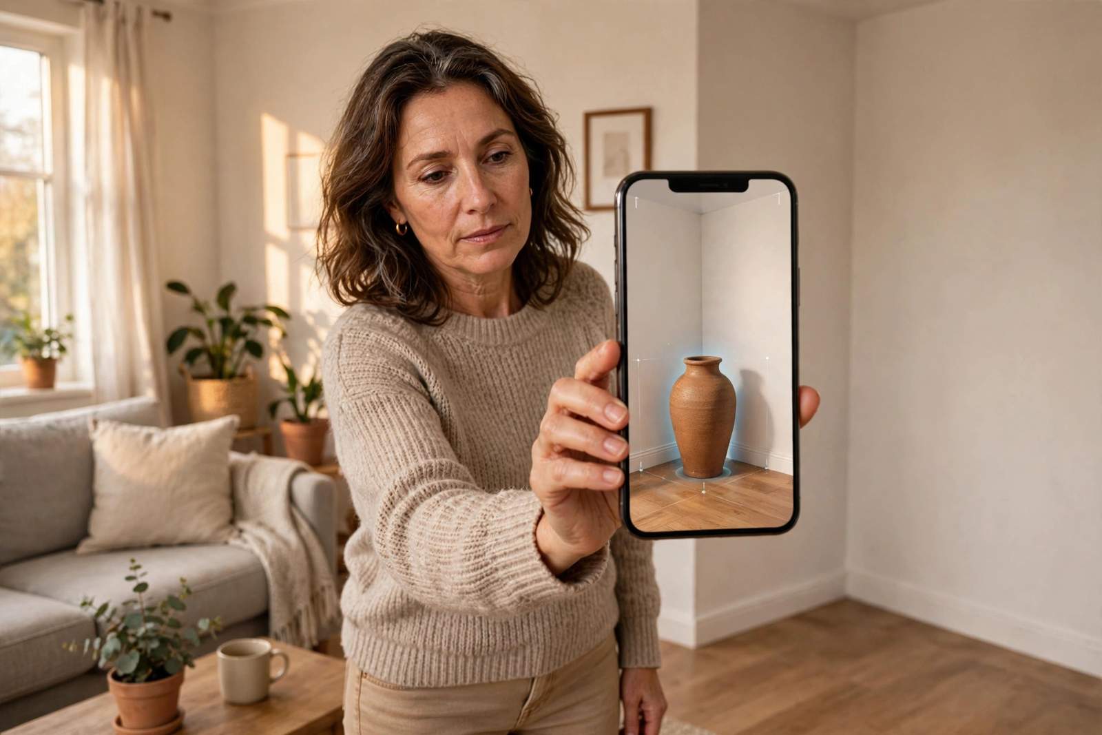 Woman pointing her phone at an empty living room corner, phone showing a tall ceramic floor vase appearing at true size in AR