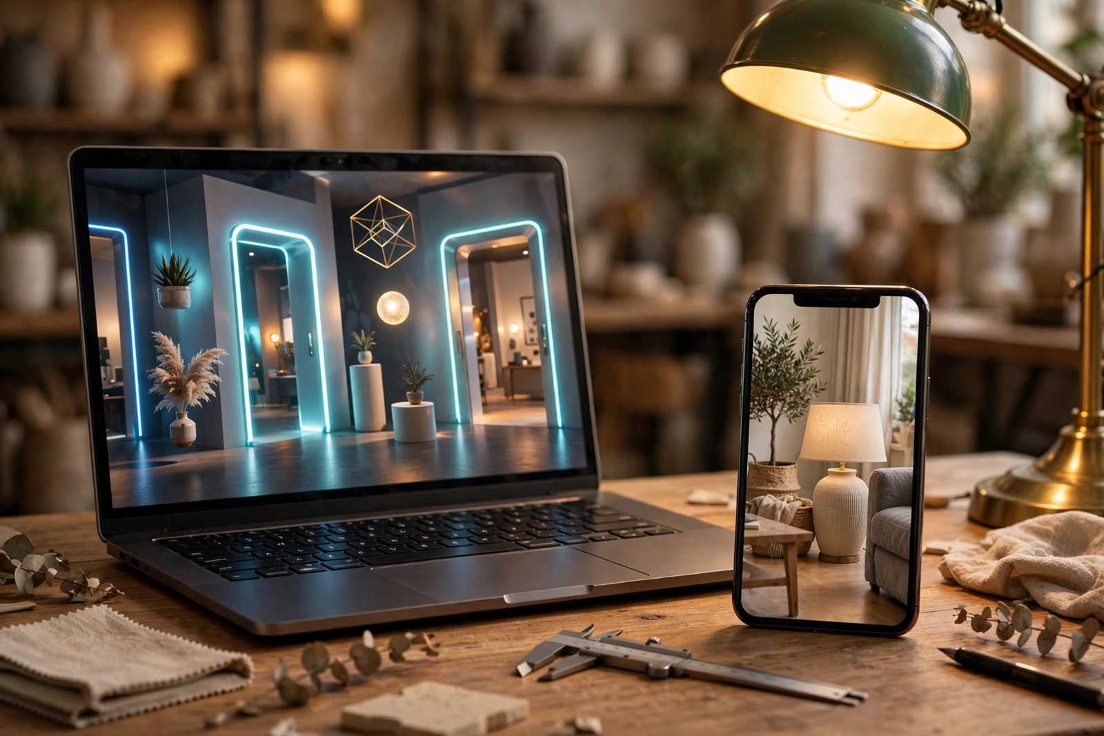 Smartphone showing a ceramic lamp at true size standing in a real living room, next to a laptop showing a generic virtual showroom