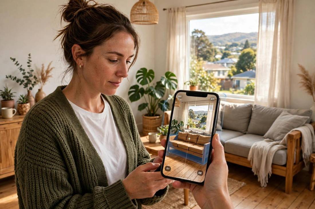 Shopper in a bright New Zealand living room holding a smartphone showing a large wooden sofa at true size on the wooden floor