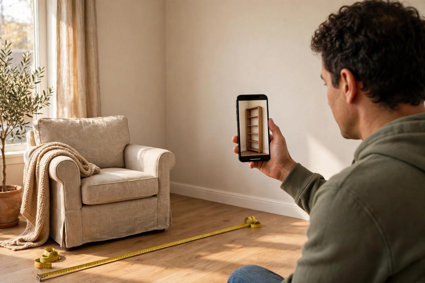 Person pointing a smartphone at an empty corner of a living room, the screen showing a tall wooden bookshelf at true size in that corner