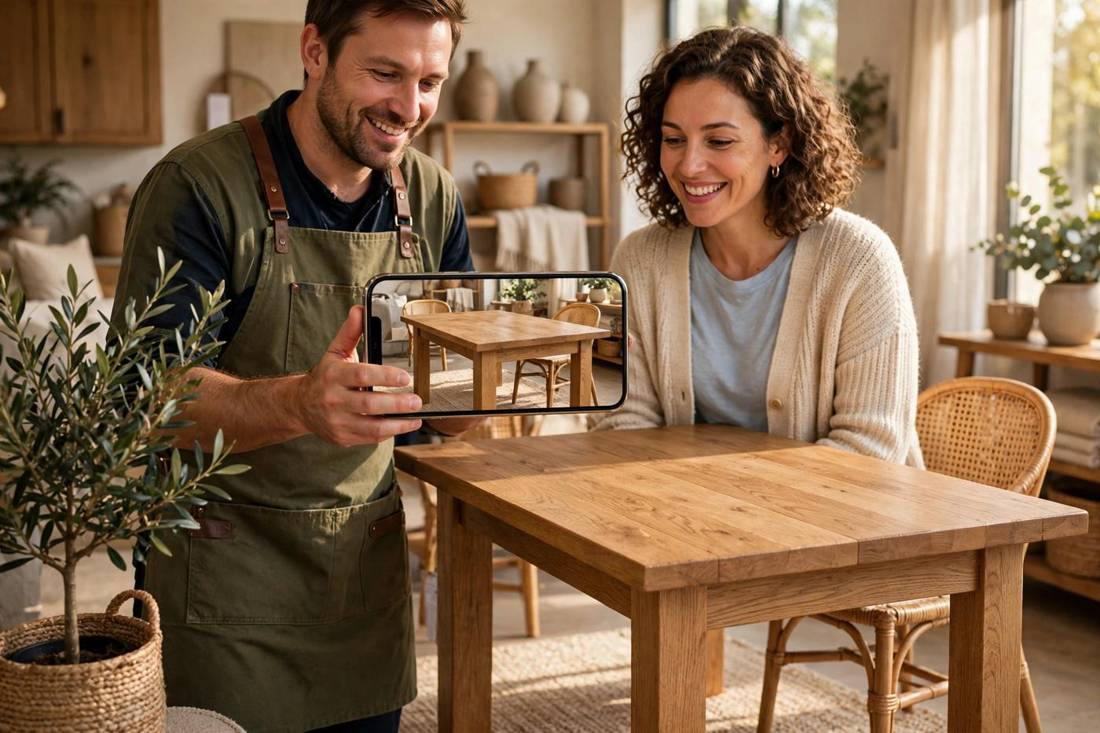 Furniture store owner in a showroom holding a smartphone beside a real oak dining table, the screen showing the same table at identical true size