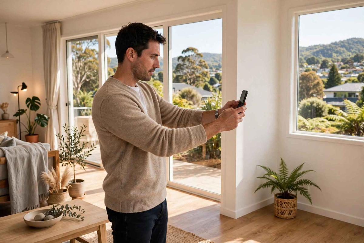 Shopper at home holding a smartphone and pointing it at an empty living room corner where a sofa would go